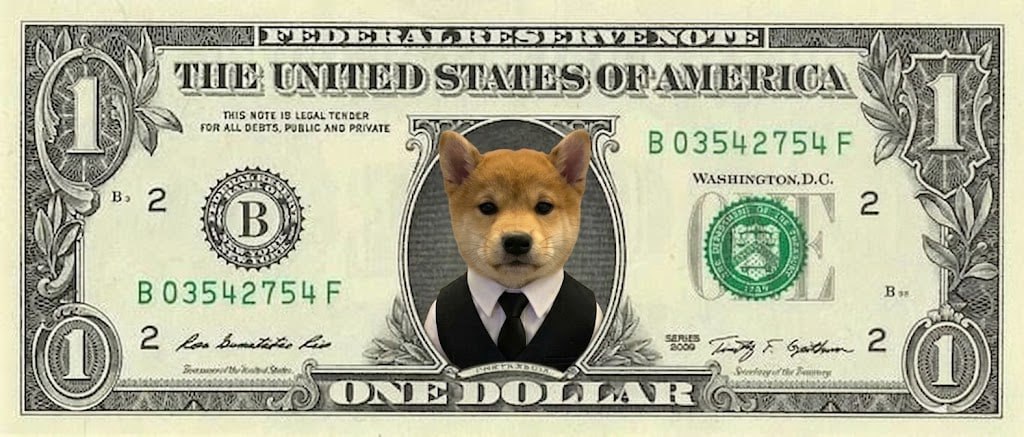 A one dollar bill with the dog in a vest in the portrait