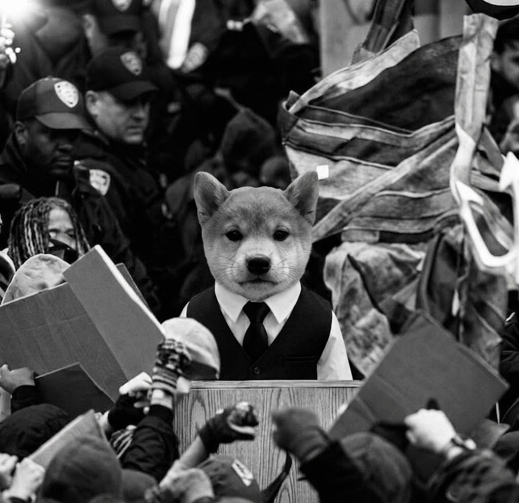 The dog in a vest at a podium in front of a crowd
